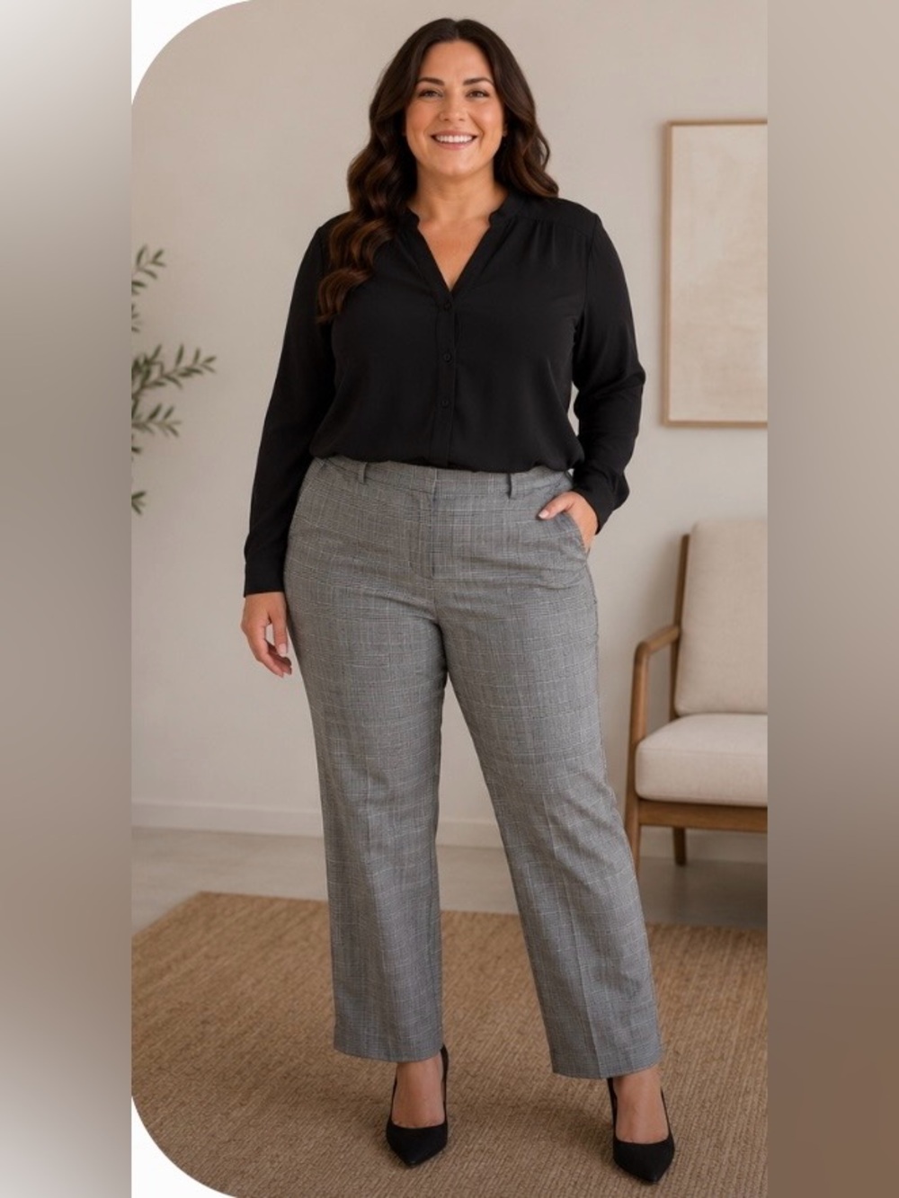 212 Collection Curvy Fit Plaid Straight Leg Dress Pants 24W Gray Career Trousers